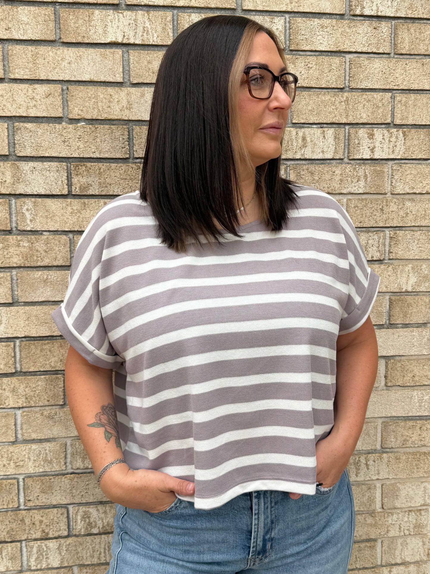 The Taupe & White Striped Top