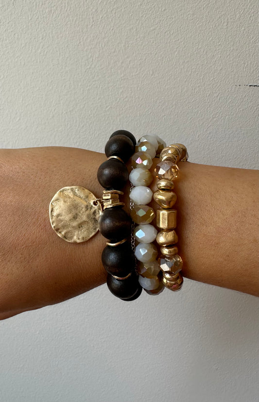 The Brown & Gold Wood Stone Bracelet Set