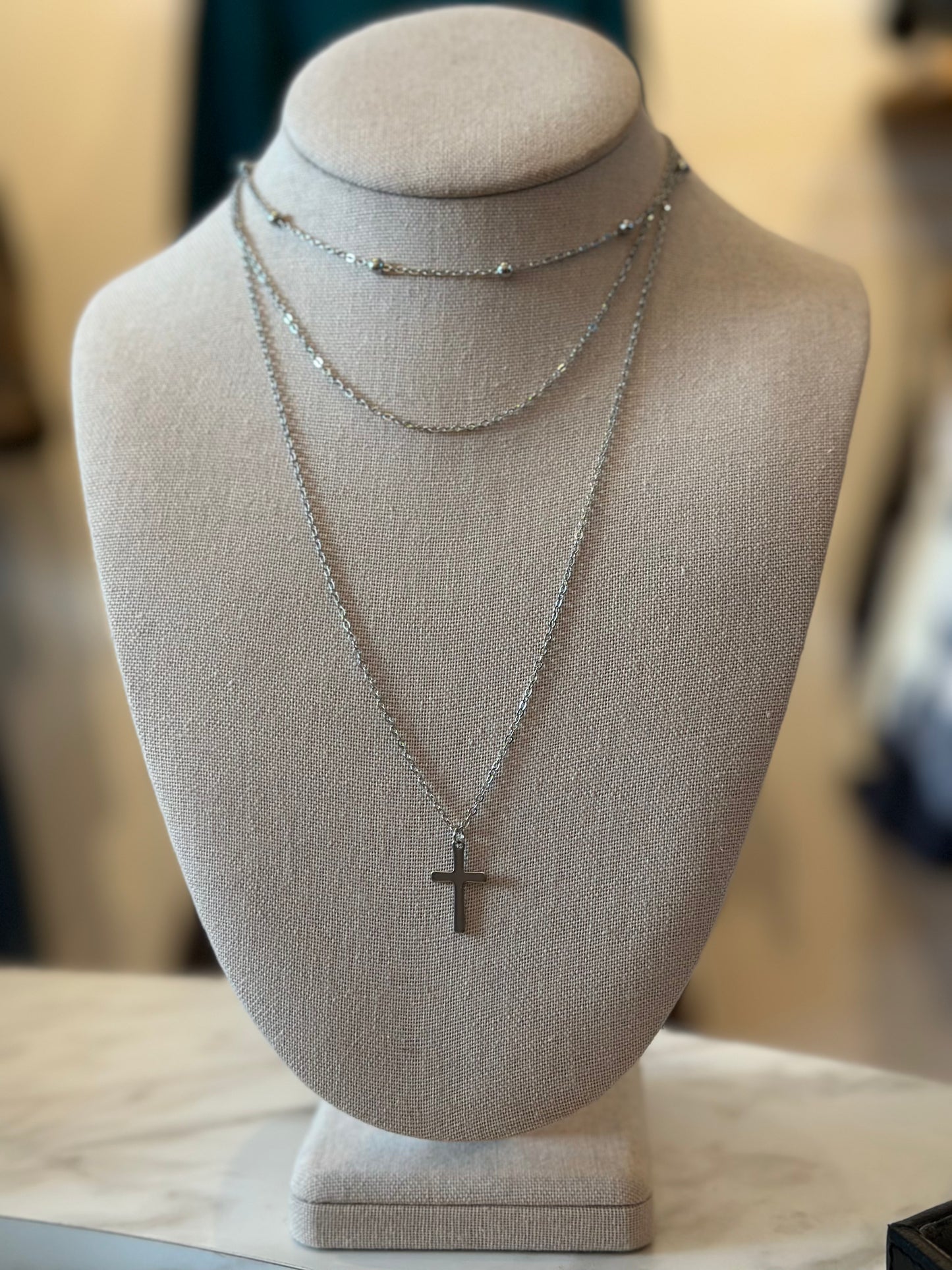 The Triple Layer Silver Cross Necklace