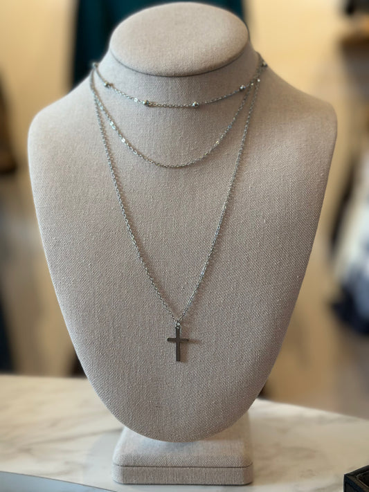 The Triple Layer Silver Cross Necklace