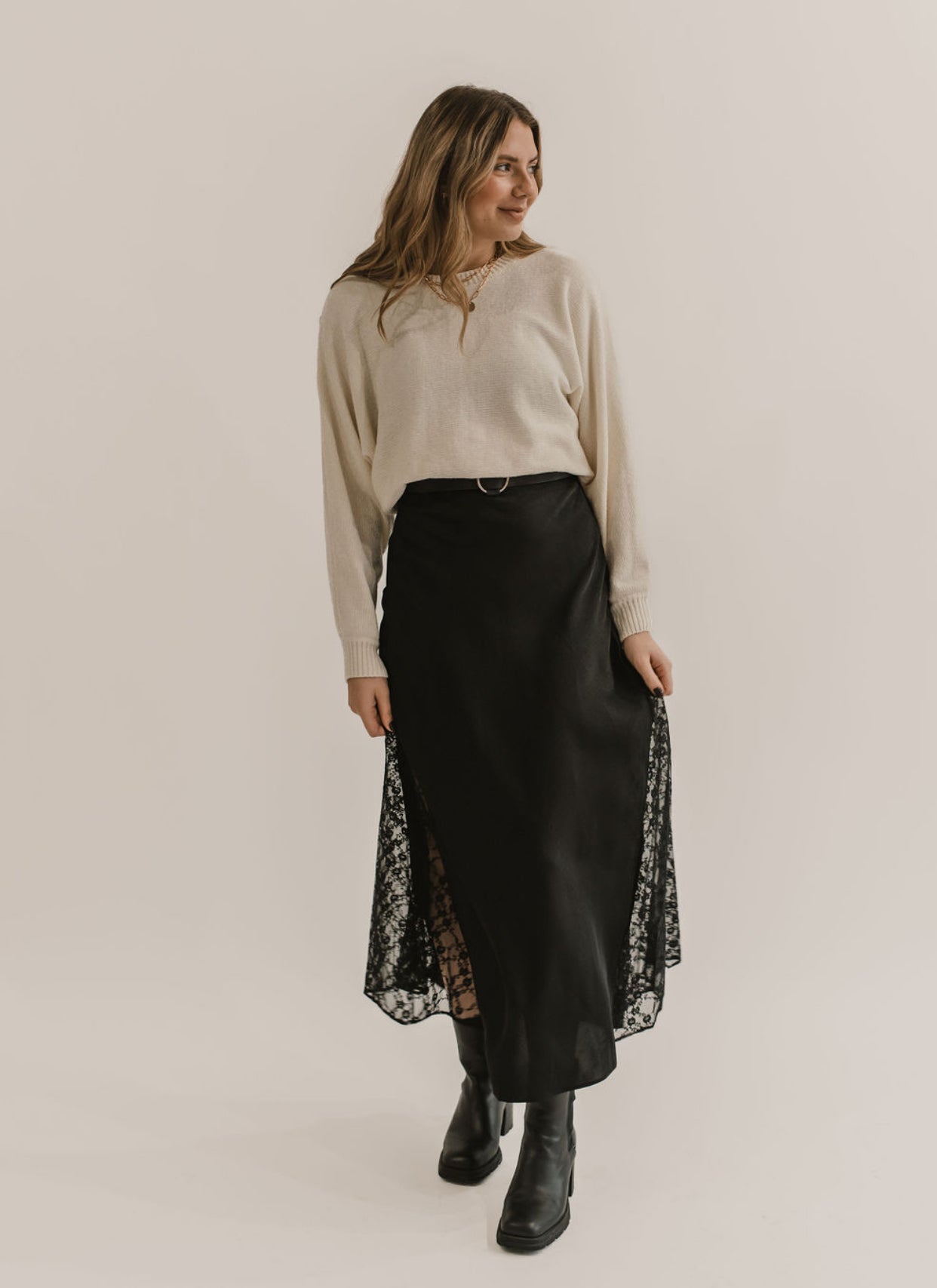 The Lace Trim Satin Skirt